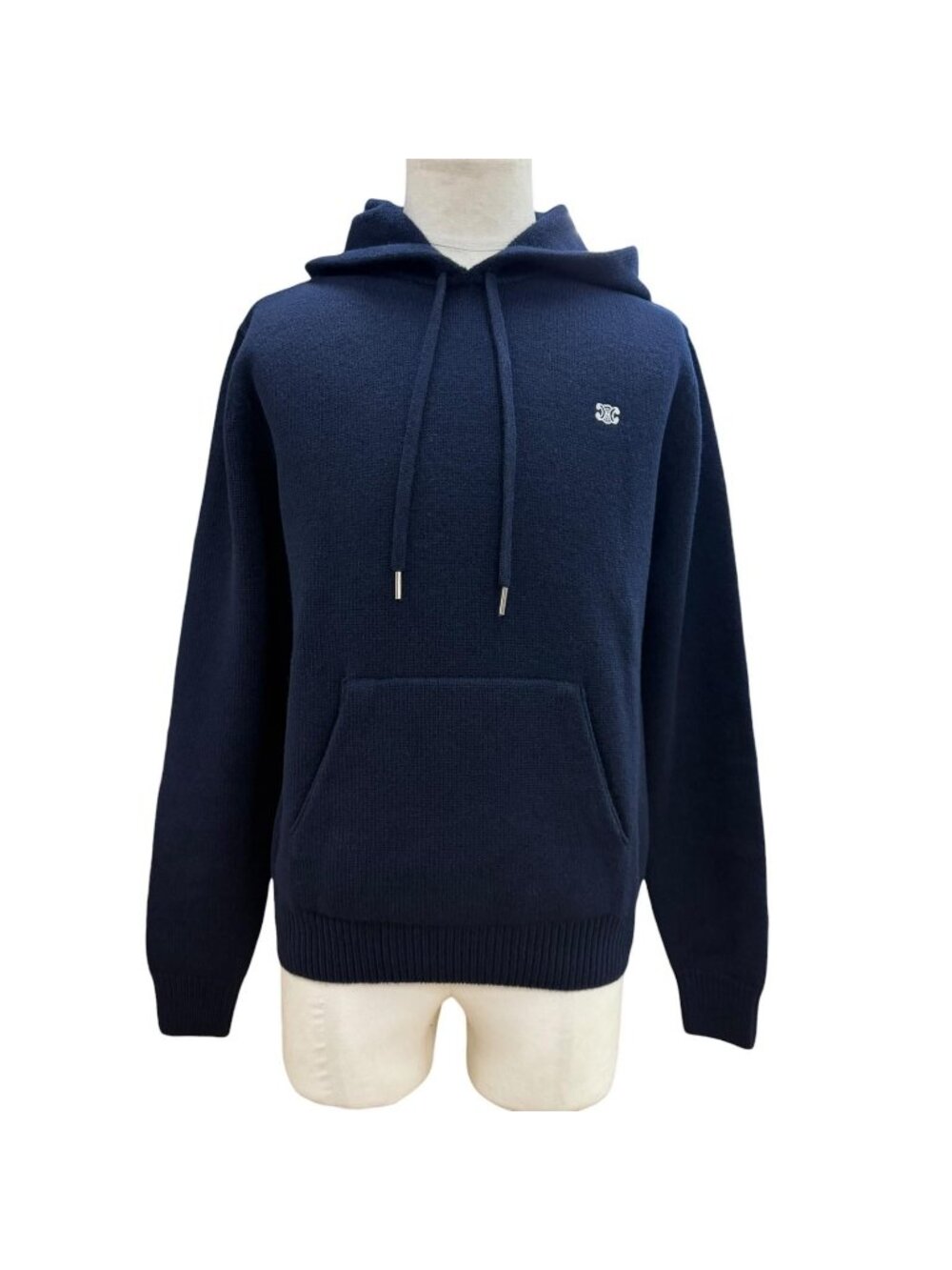 Celine Wool Cashmere Triomphe Knit Hoodie Pullover Sweater Navy